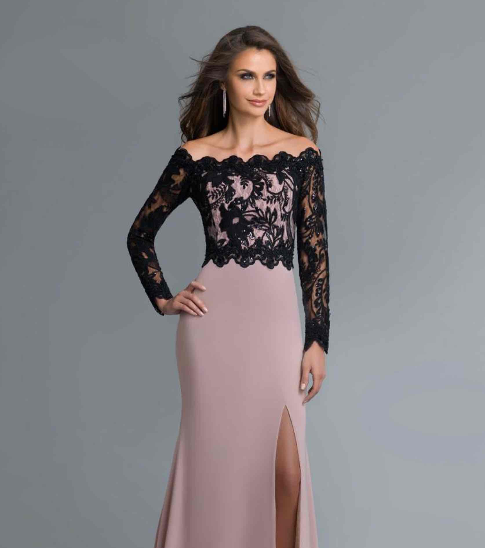 Model in pink Saboroma gown with black lace off the shoulder top